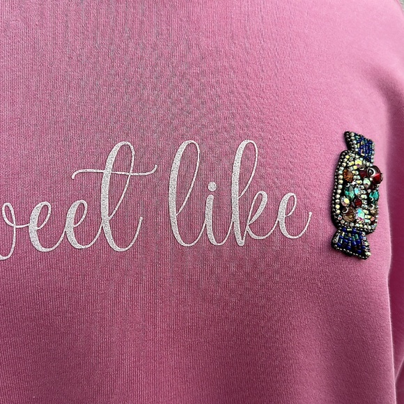 Pink "Sweet Like Candy" Glitter Graphic Sweatshirt w/Candy Charm | Size S (NWT) - Picture 3 of 4